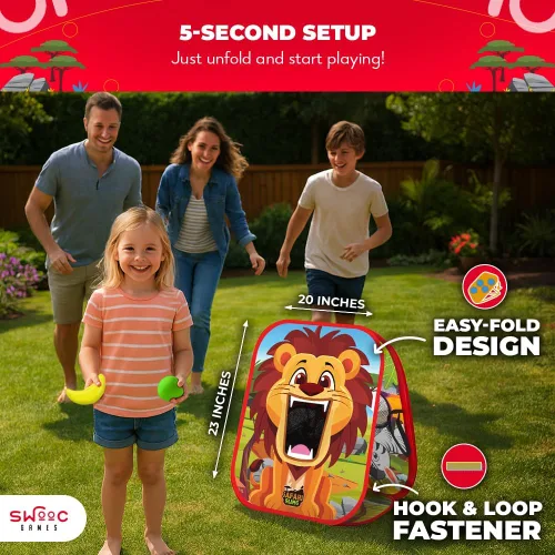 Vista 3 de SWOOC Games® - Safari Sling™ Juego de lanzamiento de bolsa de frijoles 2-en-1 para niños Juego de Cornhole para niños con configuración en 5