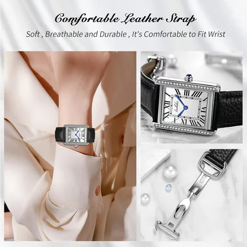Vista 3 de RORIOS Relojes para mujer, cuadrado, analógico, de cuarzo, con correa de cuero, relojes de diamantes para mujer, reloj de pulsera impermeable