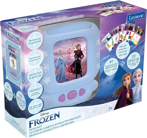 Vista 5 de LEXiBOOK, Frozen, Lector de tarjetas interactivo bilingüe, español/inglés, 150 tarjetas educativas de doble cara, máquina educativa de preguntas