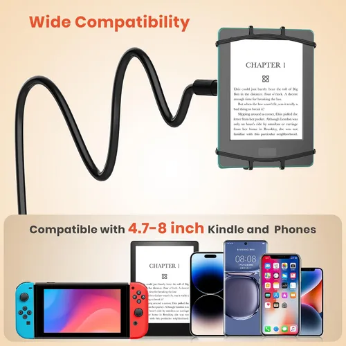 Vista 8 de Soporte para Kindle de cuello de cisne para leer en la cama, soporte de teléfono celular ajustable de 360° para escritorio, abrazadera flexible