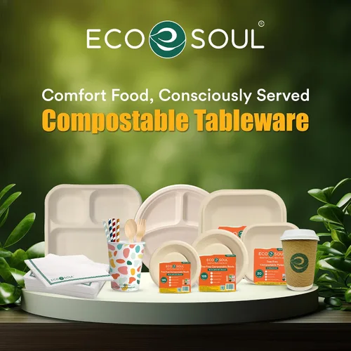 Vista 9 de Eco Soul Disposable Bagasse Plates for Snacks 6 inch - Pack of 100 Small Eco-Friendly Disposable Plates in Bulk for Snacks & Desserts