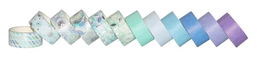 Vista 3 de YUBBAEX - Juego de 12 rollos de cinta Washi azul plateada, cinta adhesiva decorativa (mezcla azul)