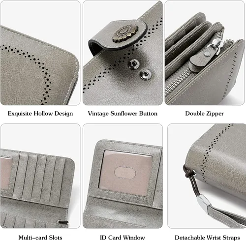 Vista 5 de BOSTANTEN Cartera de cuero genuino para mujer, de gran capacidad, cartera de mano con bloqueo RFID