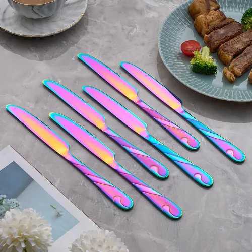 Vista 4 de Juego de cuchillos de cena arcoíris, cuchillo de carne arcoíris brillante de acero inoxidable para mesa, juego de 6 cuchillos de 23.37 cm