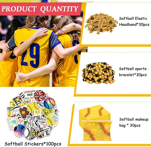 Vista 2 de Siifert 390 piezas de regalos de fiesta de sóftbol para mujeres, incluye 30 bolsas de maquillaje, 30 pulseras, 30 lazos para el cabello, 300
