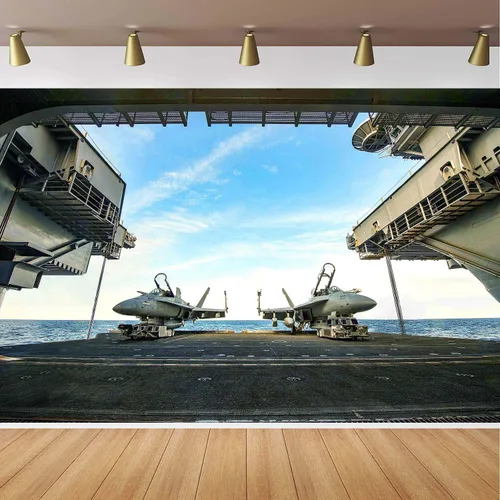 Vista 2 de Telón de fondo de portaaviones para decoraciones de fiesta azul marino, MEETSIOY de 5 x 3 pies, para combate, militar, para fotografía, suministros