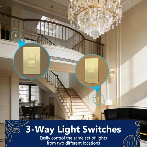 Vista 6 de LIDER Interruptor de pared sin marco, de 3 vías o de un solo polo, 15A -277VAC UL Listed, Brushed Gold, On/Off Rocker Switch, 3 Wire, Tough And
