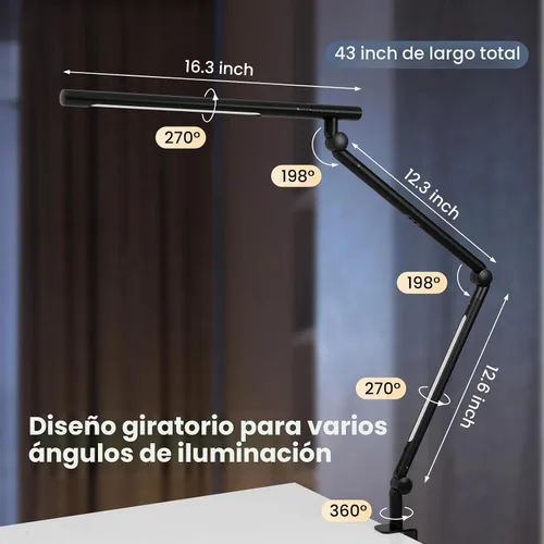 Vista 4 de Pak Lámpara de escritorio LED con abrazadera, luz de escritorio de arquitecto de doble luz de 18 W, interruptor de sensor de luz RGB con brazo