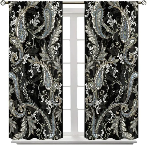 Vista 149 de Cortinas opacas con estampado de flores de cachemira, estampado de cachemira sobre fondo blanco, para decoración del hogar, cocina, restaurante