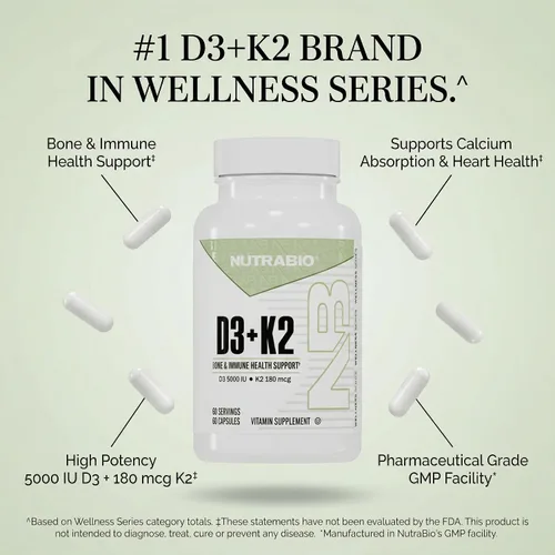 Vista 7 de NutraBio Vitamina D3 K2 5000 UI D3 como colecalciferol con vitamina K2 como MENA-Q MK7 (180 mcg) Apoya la salud ósea y cardíaca Sin OMG, sin