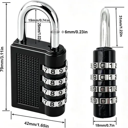Vista 5 de Candado de combinación de 4 dígitos, cerradura de seguridad impermeable negra, paquete de 2, acero resistente para taquillas de gimnasio escolar