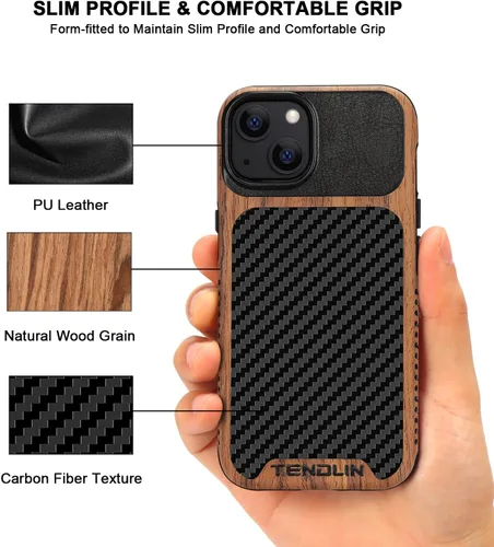 Vista 3 de TENDLIN Compatible con iPhone 13 mini - Funda de grano de madera con textura de fibra de carbono, funda híbrida de cuero compatible con iPhone 13