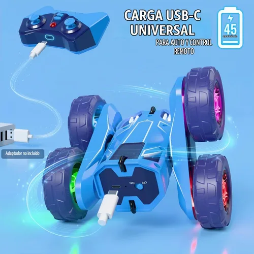 Vista 2 de MaxTronic Auto de control remoto de carga directa rápida con LED, carga dual USB-C exclusiva para automóvil y controlador - 2.4Ghz 9.3 mi/h 360° Azul