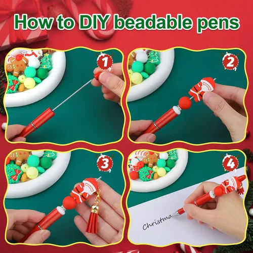 Vista 5 de CZWZ 8 piezas de bolígrafos de cuentas navideños, bolígrafos de plástico con cuentas y cuentas de silicona multicolor, bolígrafos navideños
