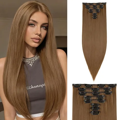 Vista 33 de S-noilite 8 piezas de extensiones de cabello largo con clip para mujer, extensiones de cabello sintético de doble trama, 18 pulgadas, #12H24 Honey