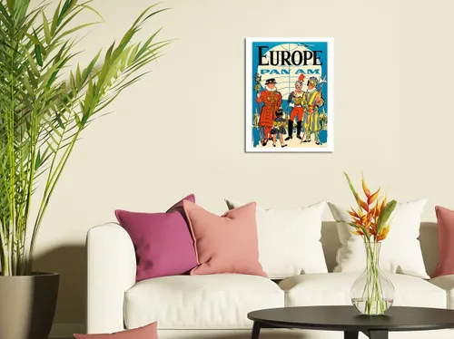 Vista 3 de Europa – Pan American World Airways – Guardia suiza pontificia británica Yeomen of the Guard – Póster vintage de viaje de aerolínea c.1950s