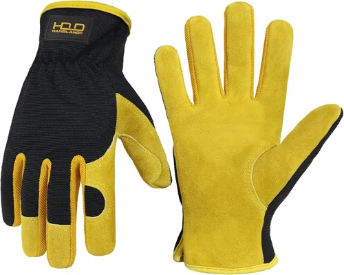 Vista 24 de HANDLANDY Guantes de jardinería de cuero para hombre, guantes de trabajo utilitarios para mecánicos, construcción, conductor