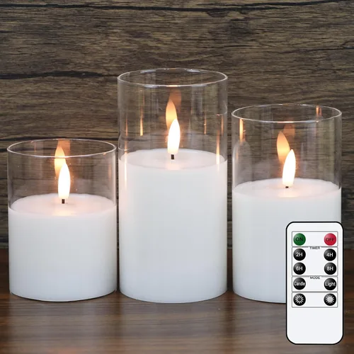 Vista 15 de GenSwin - Velas de cristal sin llama con control remoto que funcionan con batería, velas LED que parpadean de cera real y mecha 3D