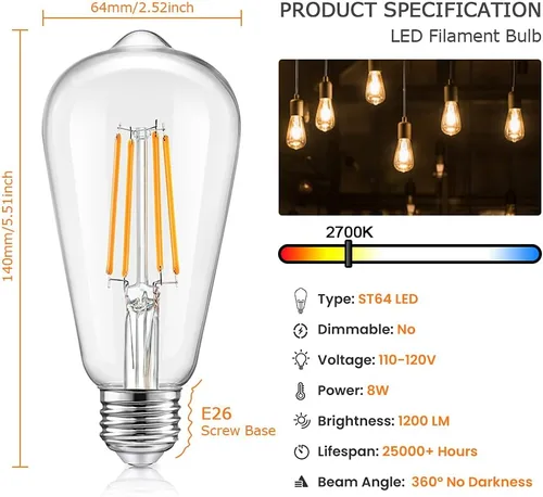 Vista 2 de Bombillas LED vintage regulables Edison equivalentes a 100 W, 8 W, 1200 lúmenes, base E26, bombilla de filamento LED, 2700 K, blanco cálido