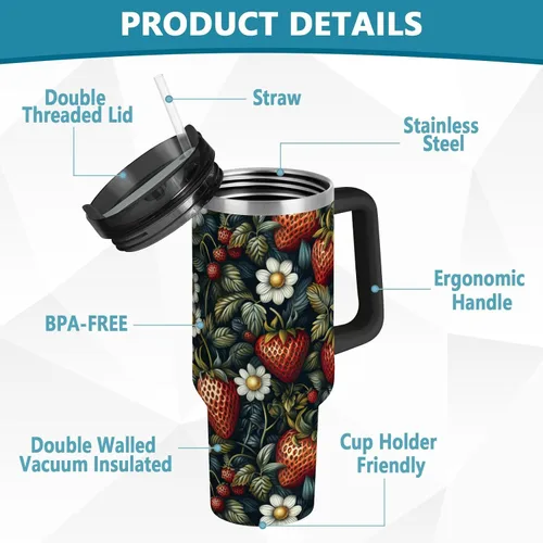 Vista 4 de Botella de agua de viaje de boca ancha con diseño de fresas de frutas, tapa a prueba de fugas y pajita, taza de té decorativa con tapa para agua, té