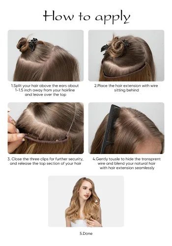 Vista 6 de SARLA Extensiones de cabello con alambre invisible con 3 clips, postizo sintético corto, ondulado, rizado, diadema ajustable transparente