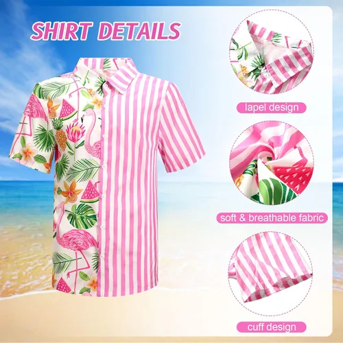 Vista 5 de Harloon Conjunto de 4 piezas de camisa hawaiana y pantalón corto para hombre, traje turístico de playa, flamenco, traje tropical, traje de cubo