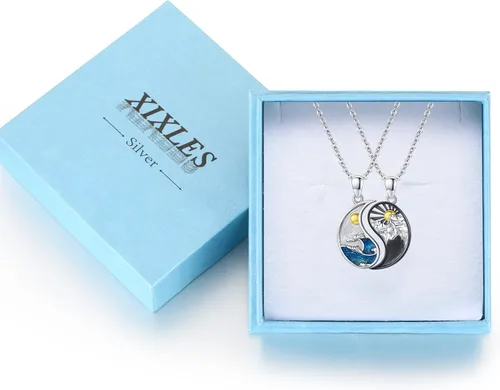 Vista 7 de XIXLES Yin Yang - Collar de plata de ley 925 con luna y sol a juego para parejas, para 2 amistades, mejores amigos, parejas, familiares