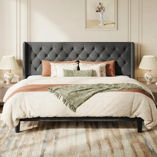 Vista 12 de SHA CERLIN Marco de cama tapizado completo, diseño capitoné con botones, color beige