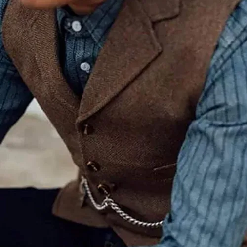 Vista 5 de Chaleco clásico de lana en espiga para hombre, casual, sin mangas, chaqueta de Tweed, chaleco de vestir para boda y novio, talla grande