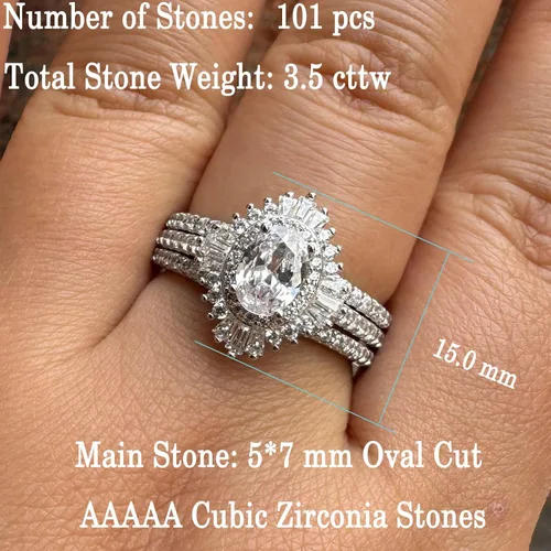 Vista 3 de Newshe Jewellery Anillos de compromiso vintage para mujer AAAAA CZ anillo de boda realzador nupcial conjunto de 3.5 quilates plata de ley 925 halo