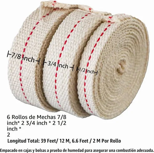 Vista 2 de 39 pies (6 rollos de mechas de lámpara de aceite), incluye 3 tamaños de 1/2 pulgadas, 3/4 pulgadas, 7/8 pulgadas, mechas de algodón plano suave