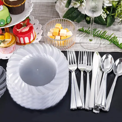 Vista 6 de U-QE 100 platos de plástico transparente, platos de postre de plástico de 6 pulgadas, desechables, lavables y reutilizables, platos transparentes
