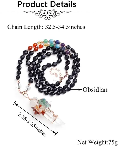Vista 5 de MANIFO Collar de piedras preciosas de cuarzo transparente con diseño de árbol de la vida de 7 chakras
