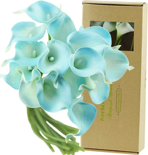 Vista 10 de FiveSeasonStuff Real Touch - Ramo de flores artificiales de lirio de cala para novia, arreglos florales, 15 lirios de cala (azul cerúleo)