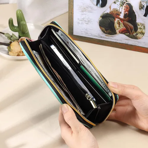 Vista 6 de Gemszoo Cartera de fotos personalizada para mujer, con nombre grabado y nombre, larga para tarjetas de crédito, con cremallera alrededor