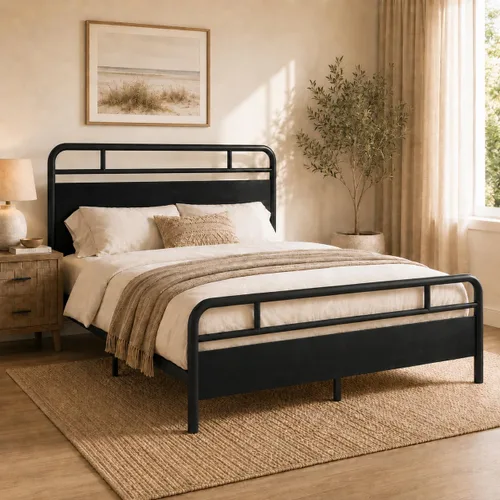 Vista 3 de Allewie Base de cama de plataforma de tamaño completo con cabecera y pie de cama de madera, soporte de 13 listones de metal resistente Roble negro