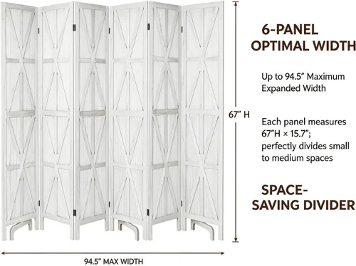 Vista 2 de 6 Panel Wooden Room Divider,67" Tall Folding Privacy Screen,Whitewashed Whitewashed 6 Panel