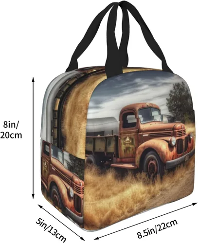 Vista 5 de Viejo camión coche impresión bolsa de almuerzo portátil aislado reutilizable bolsa de almuerzo caja de almuerzo para el trabajo camping viaje picnic