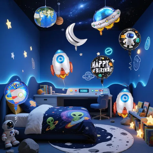 Vista 6 de 9 globos espaciales, globos de cohete de astronauta, decoraciones de fiesta temática de planetas para fiestas de cumpleaños