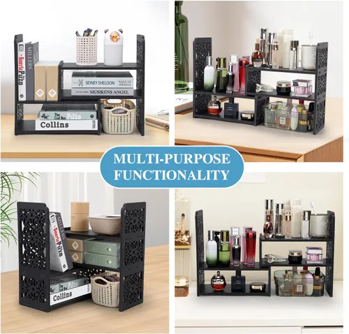 Vista 7 de EARTHSON Estante organizador de escritorio, estantería expandible para escritorio, estantería de escritorio pequeña, mini estantes ajustables
