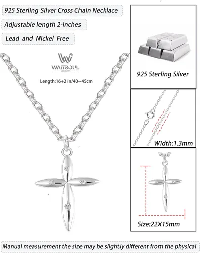 Vista 2 de Waitsoul Solid 925 Sterling Silver Cross Necklace for Women Men Cross Chain for Women Girls 16+2 Inches Silver Sideways Cross Choker Cross Pendant