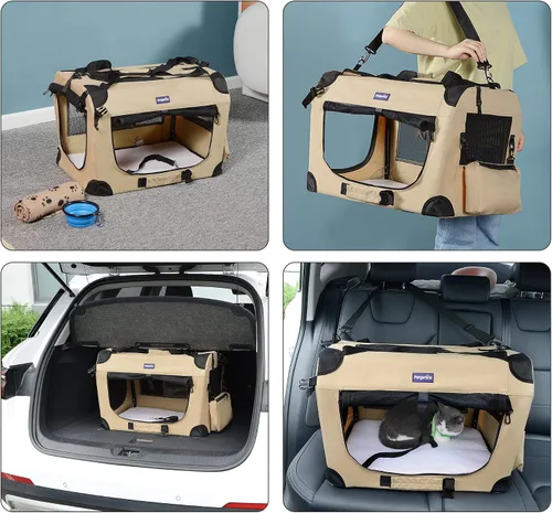 Vista 5 de Jaula portátil plegable para perros Petprsco, jaula de viaje para perros 24x17x17 con manta suave y cálida y cuenco plegable para gatos grandes