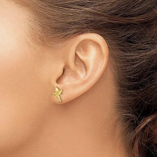 Vista 3 de Aretes de colibrí de oro amarillo de 14 quilates, botón de bola, diseño de pájaro animal, joyería fina para mujeres, regalos para ella, Cristal
