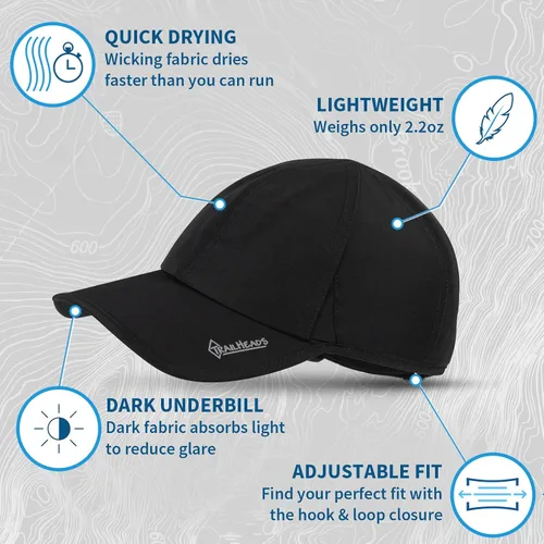 Vista 2 de TrailHeads Sombrero de verano para correr con protección UPF 50 de secado rápido para hombre Negro