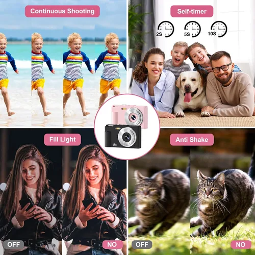 Vista 4 de Cámara Digital para Niños, FHD 1080P Apuntar y Disparar Cámara para Niños con Zoom Digital de 16X, Anti-Vibración, Flash, Tarjeta de 32GB, Cámara
