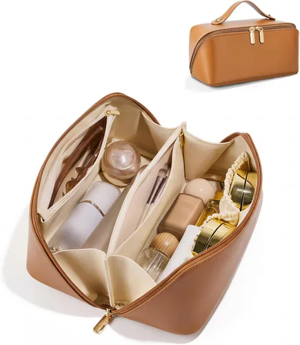 Vista 15 de Bolsa de cosméticos de viaje de gran capacidad - Bolsas de maquillaje portátiles para mujeres, impermeable, de cuero PU a cuadros, con organizador