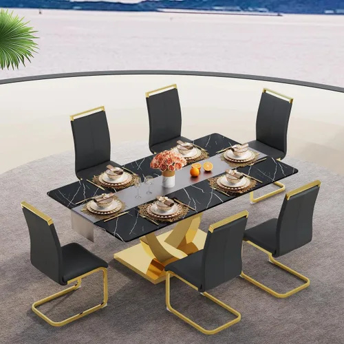 Vista 36 de Juego de mesa de comedor negra para 4, 63 x 35.4 x 30 pulgadas, mesa de comedor moderna rectangular con patas y base de acero inoxidable, sillas