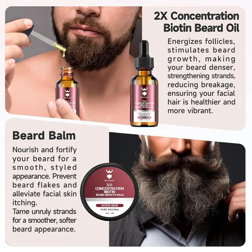 Vista 6 de Kit de crecimiento de barba y bálsamo para barba - Kit de crecimiento de barba con concentración de 5% de biotina para hombres, ingredientes