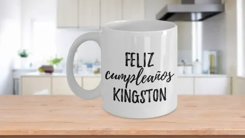 Vista 3 de Feliz Cumpleanos Kingston Mug Spanish Happy Birthday Personalized Name Gift Coffee Tea Cup 11 oz