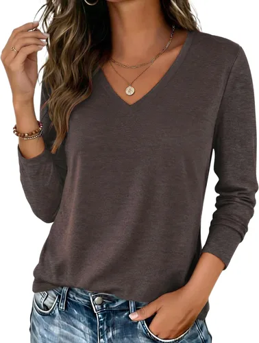 Vista 26 de Zeagoo Camisas de manga larga para mujer, cuello en V, casual, básica Rosa